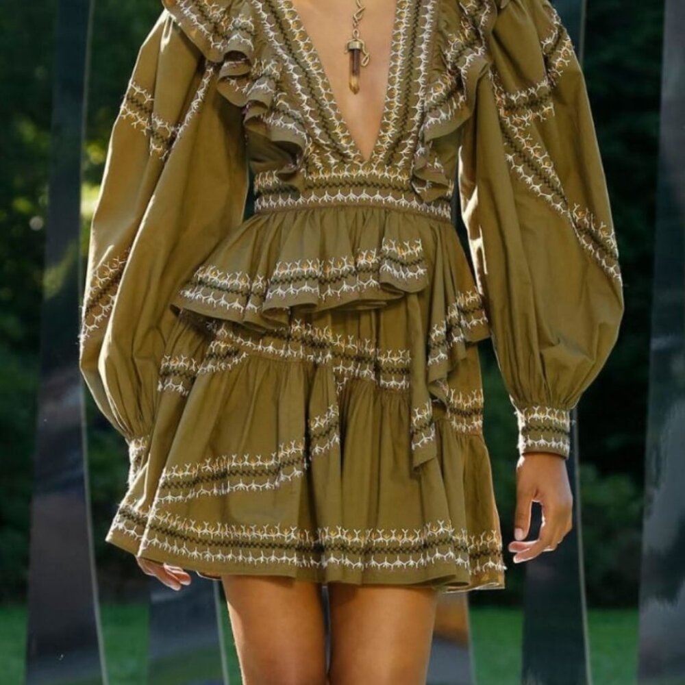 NWOT Women's Ulla Johnson Anais Ruffle V-Neck Mini Dress in Olive L $745